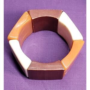 Vintage Acrylic Chunky Wide Stretch Bracelet Marbled Cream, Dark Yellow, & Brown